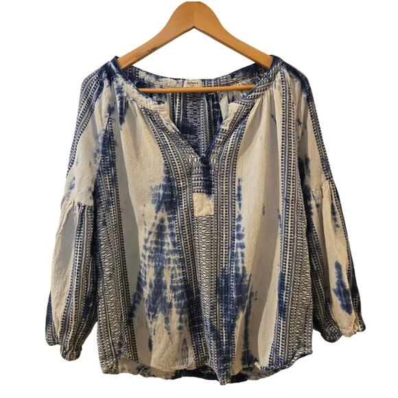 Dylan Embroidery Tie Dye White Blue Indigo Boho Tunic V-Neck Cotton Top Small - Picture 1 of 8